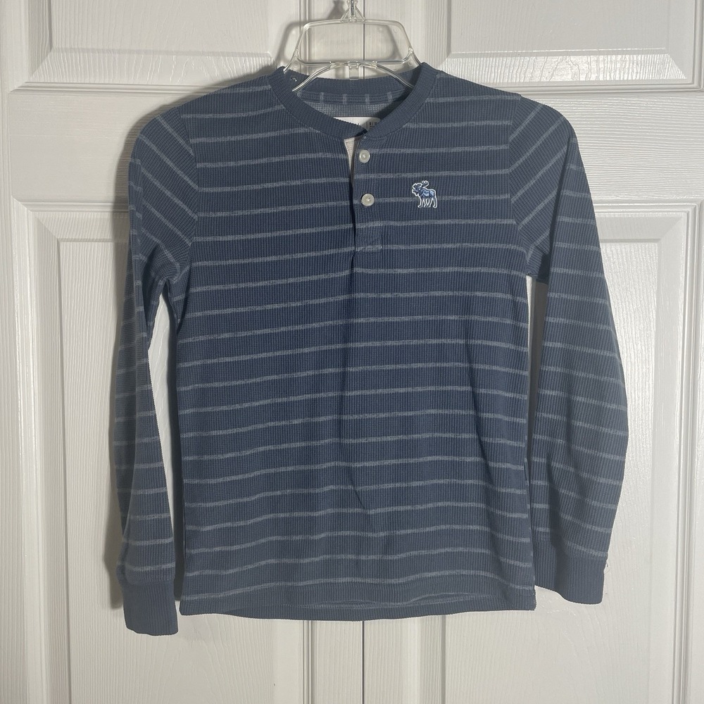 Abercrombie Kids Polo Shirt Kids 9/10 Gray Striped Long Sleeve Moose Logo Knit